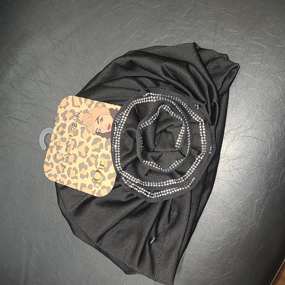 Black Turban with Rhinestone Flower - Set Of 2